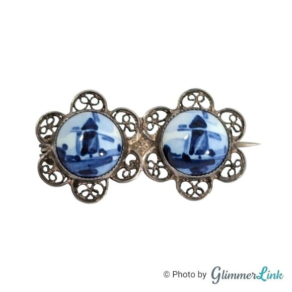 VTG Double Blue Windmill Delft Porcelain Filigree Flower Sterling Silver Brooch - Picture 1 of 7